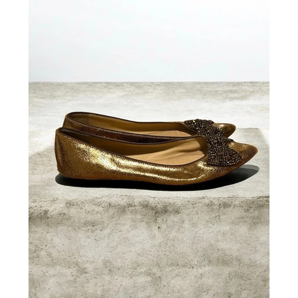 Tory Burch Azalea Jeweled Bow Flats Metallic Gold Women's Size 10.5 Luxury